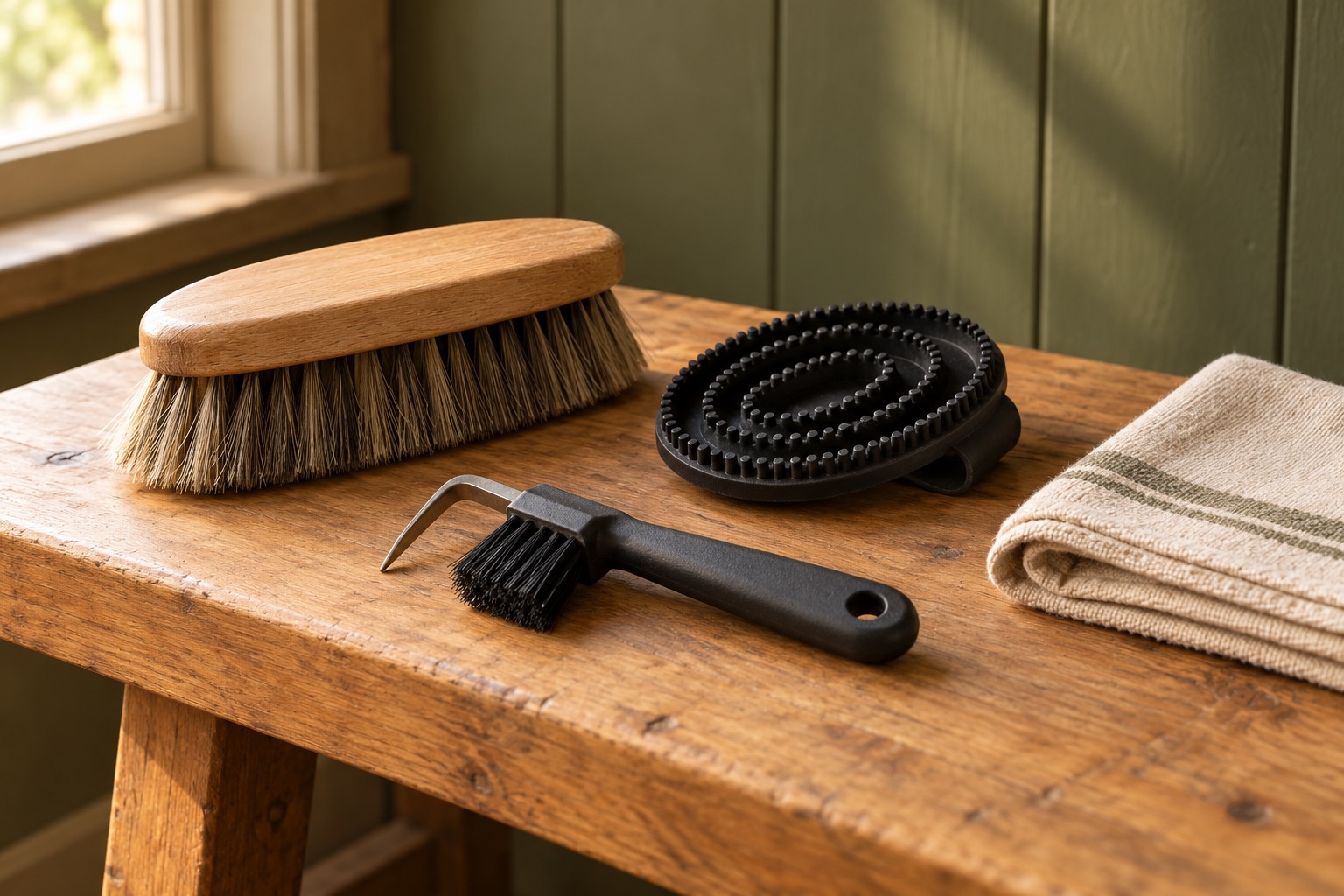 Brushes, curry comb and hoof pick on a wooden bench