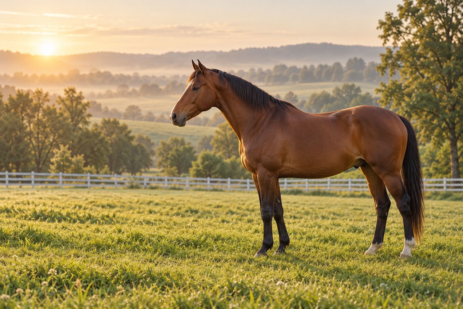Bay horse standing in a sunlit pasture